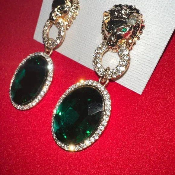 Thalia Sodi Lion Earrings Dangle/Drop with Green Stone NEW